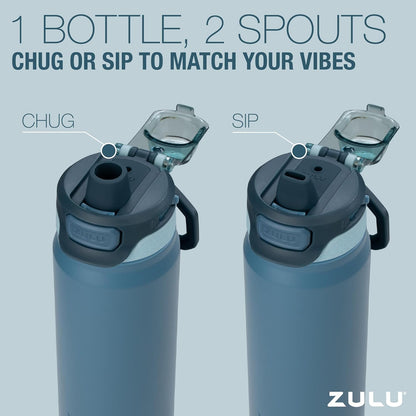 ZULU Powerfill Pro 24oz Stainless Steel Water Bottle - Quick Fill Lid, Triple Walled Insulation, Leak Proof, BPA Free - Ash Color
