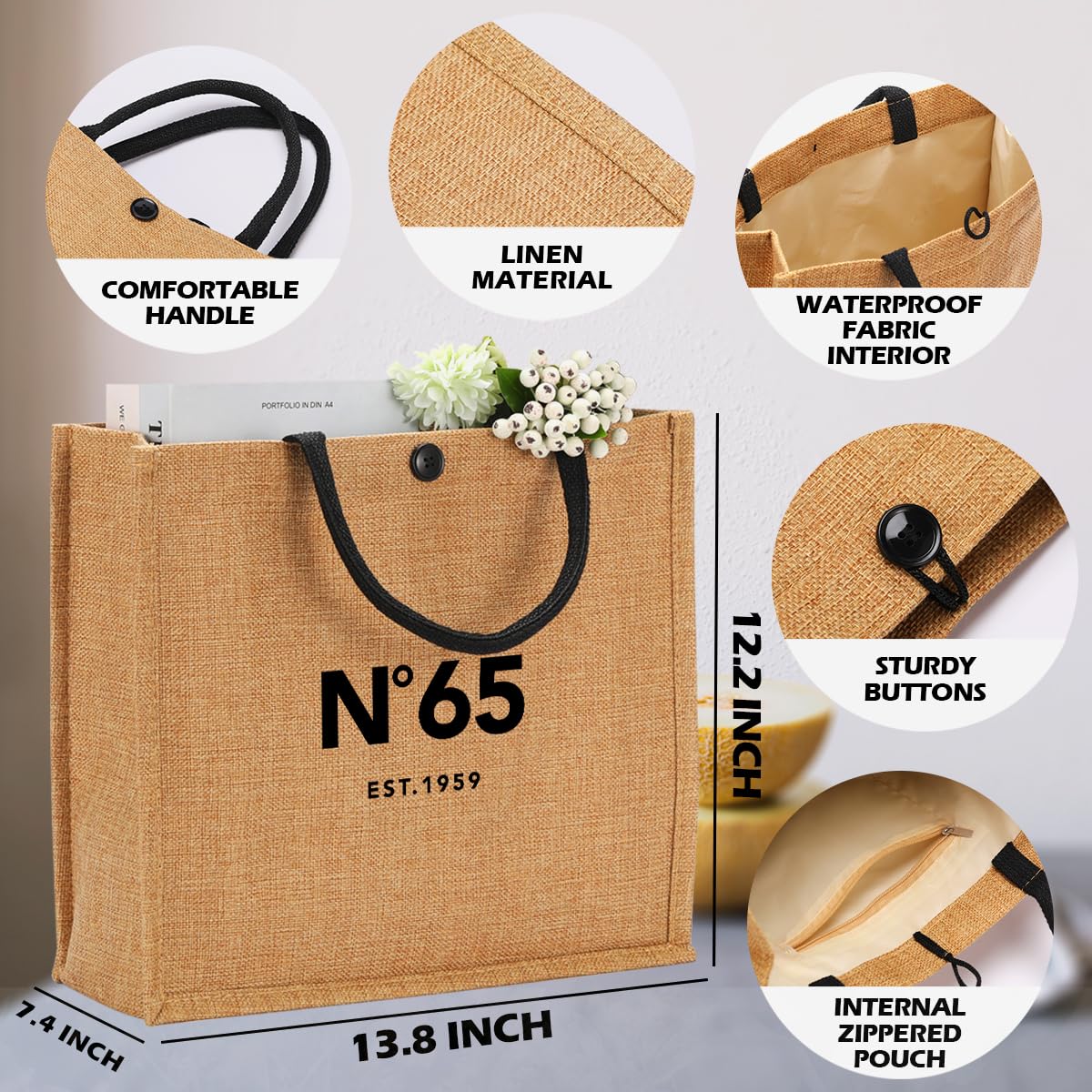 NGLIV 65th Birthday Gifts for Women - 65th Birthday Decorations for Her - 65 Year Old Birthday Gifts for Female Mom Wife Friend Sister Aunt - Beach Bag Reusable Shopping Bags Cute Jute Straw ToteBag