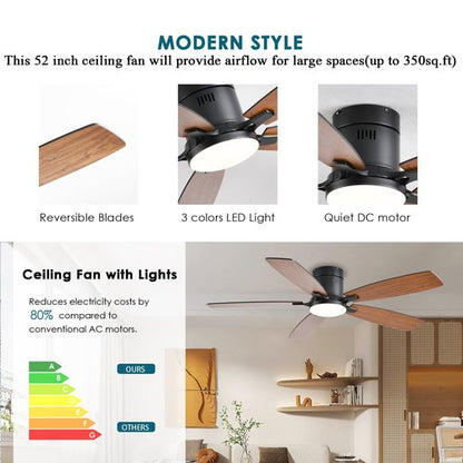 Ayaoty Ceiling Fans with Lights, 52 inch Low Profile Ceiling Fan with Light and Remote Control, Flush Mount, LED Dimmable DC Reversible Modern Ceiling Fan for Bedroom