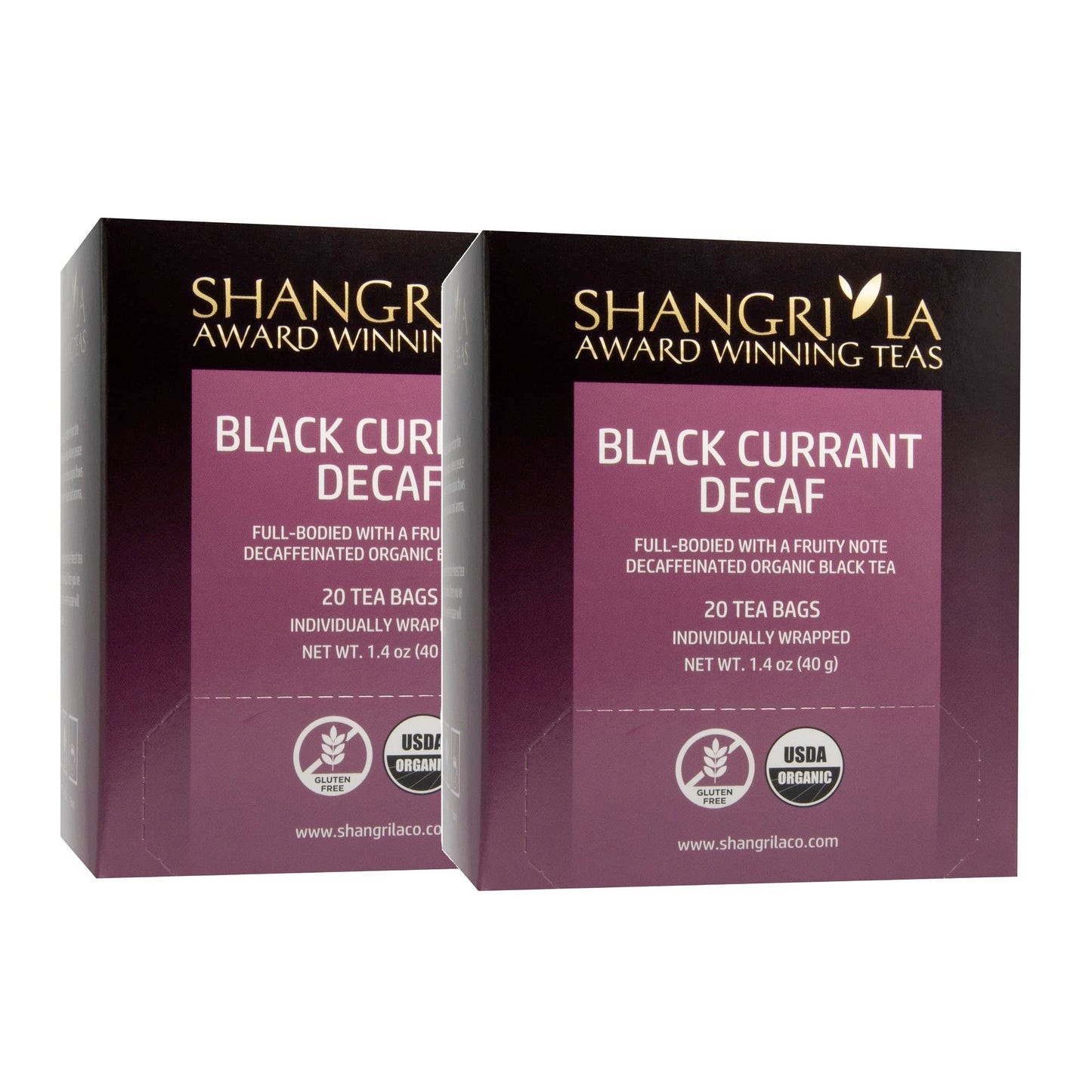 Shangri-La Tea Company Organic Tea Bags, Black Currant Decaf, 2 Boxes with 20 Tea Bags Each (40 Total)