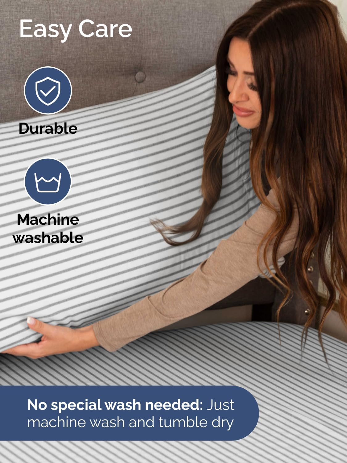 Skiennix Extra Deep Full Sheet Set - 6-Piece Breathable Cooling Bedding - Soft, Wrinkle-Free Grey Stripes