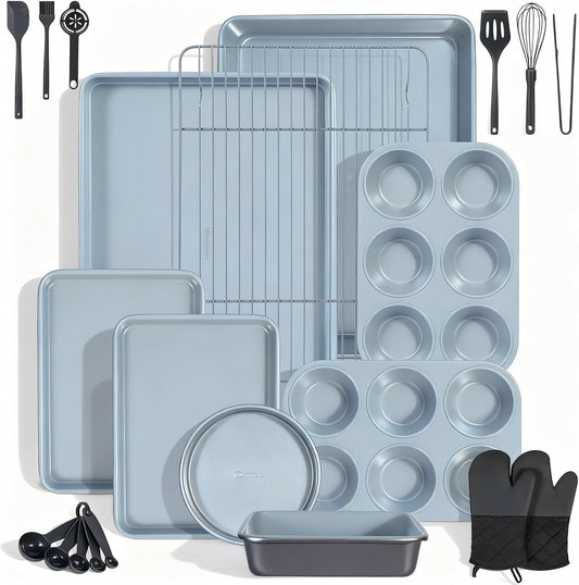 Ammeloo 22-Piece Non-Stick Baking Pans Set - Stackable Bakeware with Oven Mitts & Utensils | Gray & Stone Black