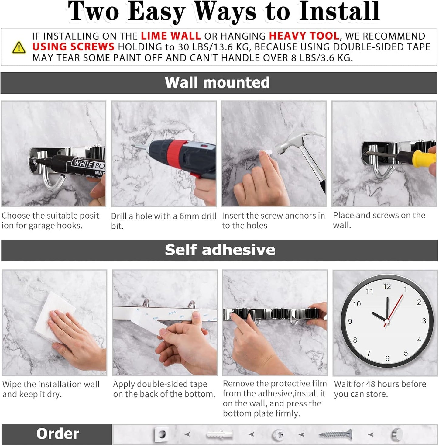 Skiennix Wall Mounted Broom & Mop Holder - Heavy Duty Stainless Steel Organizer | 2 Pack with 3 Racks & 4 Hooks
