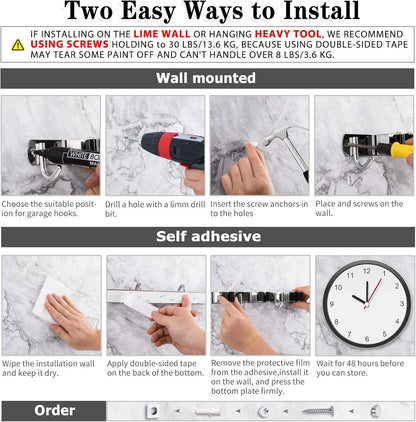 Skiennix Wall Mounted Broom & Mop Holder - Heavy Duty Stainless Steel Organizer | 2 Pack with 3 Racks & 4 Hooks