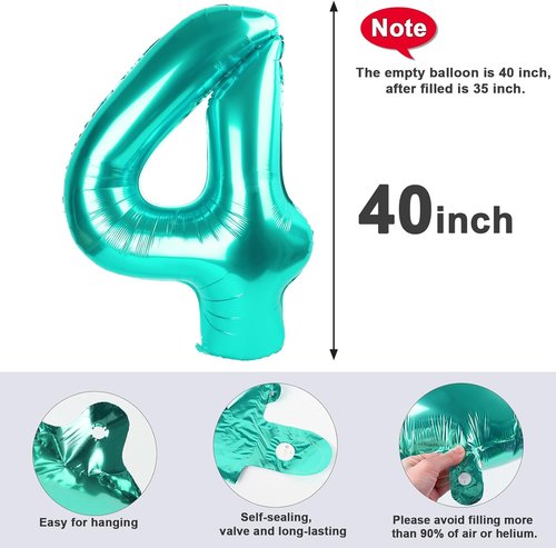 40 Inch Blue-Green Number 4 Balloon by [Brand Name] | Perfect for Birthdays & Graduations