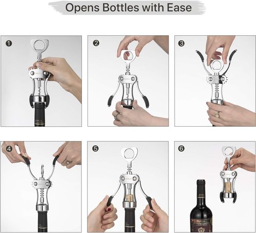 Beneno Wine Opener with Silicone Leak Proof Wine Vacuum Stopper, Zinc Alloy Premium Wing Corkscrew with Multifunctional Bottles Opener, Matte Black