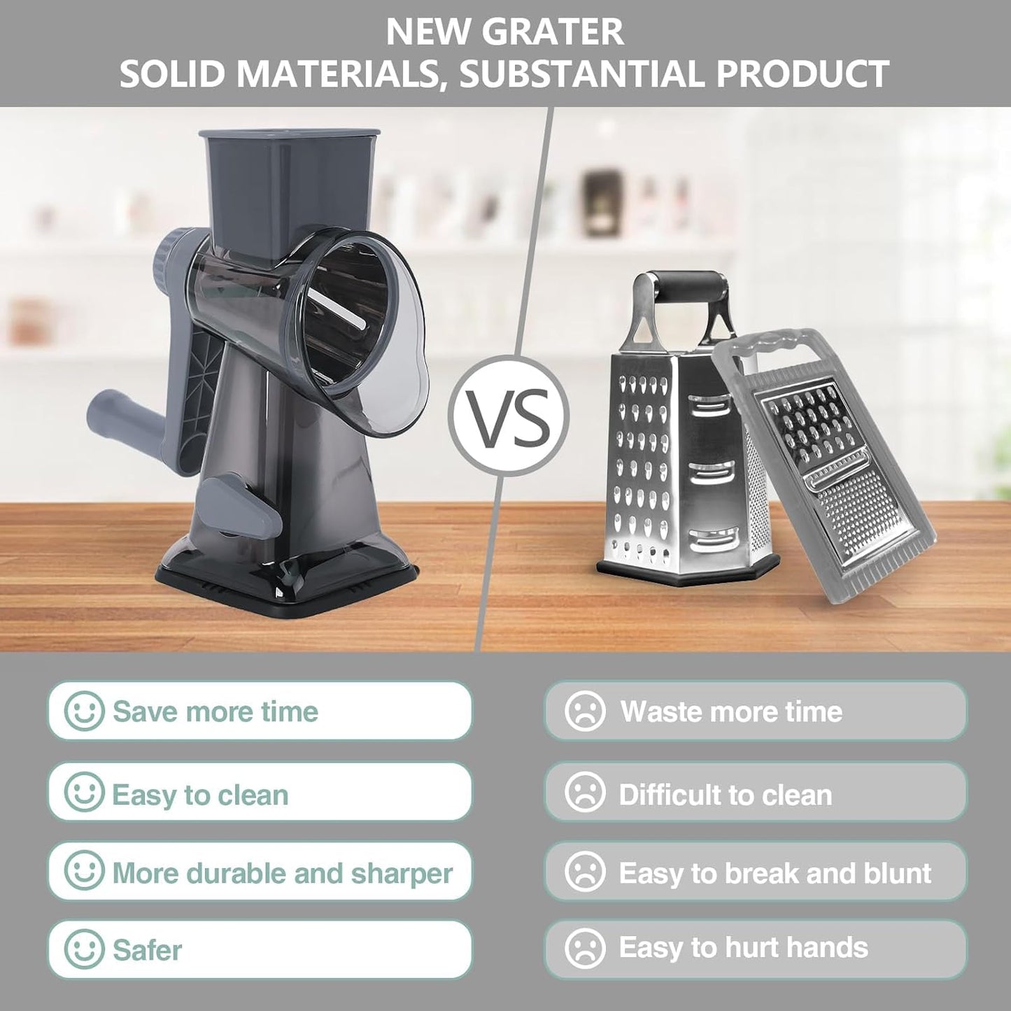 Rotary Cheese Grater by [Brand Name] - Versatile Non-Slip Suction Base | Compact Kitchen Tool for Cheese, Carrots & More (Gray)