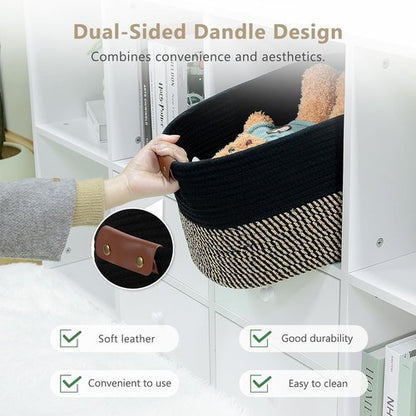 ECDYQXVU Cotton Rope Basket - Stylish Storage Solution with Handles | 15x10x9 Inch | Black Brown