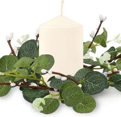 Zerodeko Easter Candle Ring Set - Eucalyptus Leaves Wreath Pillar Holders | Mini Green Decor 8cm