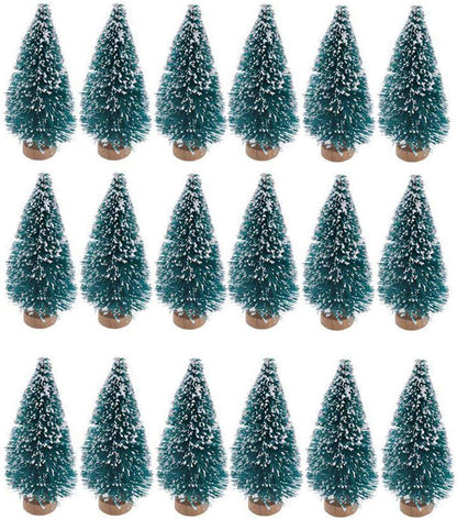 Skiennix Mini Bottle Brush Christmas Trees - 24 Pack with Wood Base | Blue-Green Winter Ornaments for Crafts