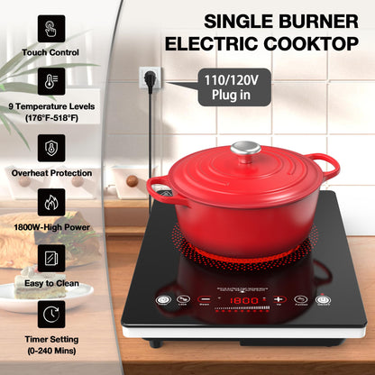 VBGK Single Burner Electric Cooktop,110V 1800W Electric Stove Top with LED Touch Control,Single electric burner 9 Power Levels, 4 hTimer, Safety Lock,Overheat protection