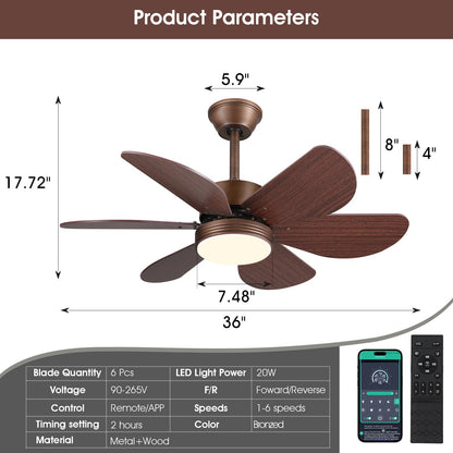 MADSHNE Ceiling Fans with Lights and Remote,36" Bronzed Outdoor Ceiling Fans with 6 Reversible Wood Blades,Small Modern Low Profile Ceiling Fans for Patio Kitchen Bedroom