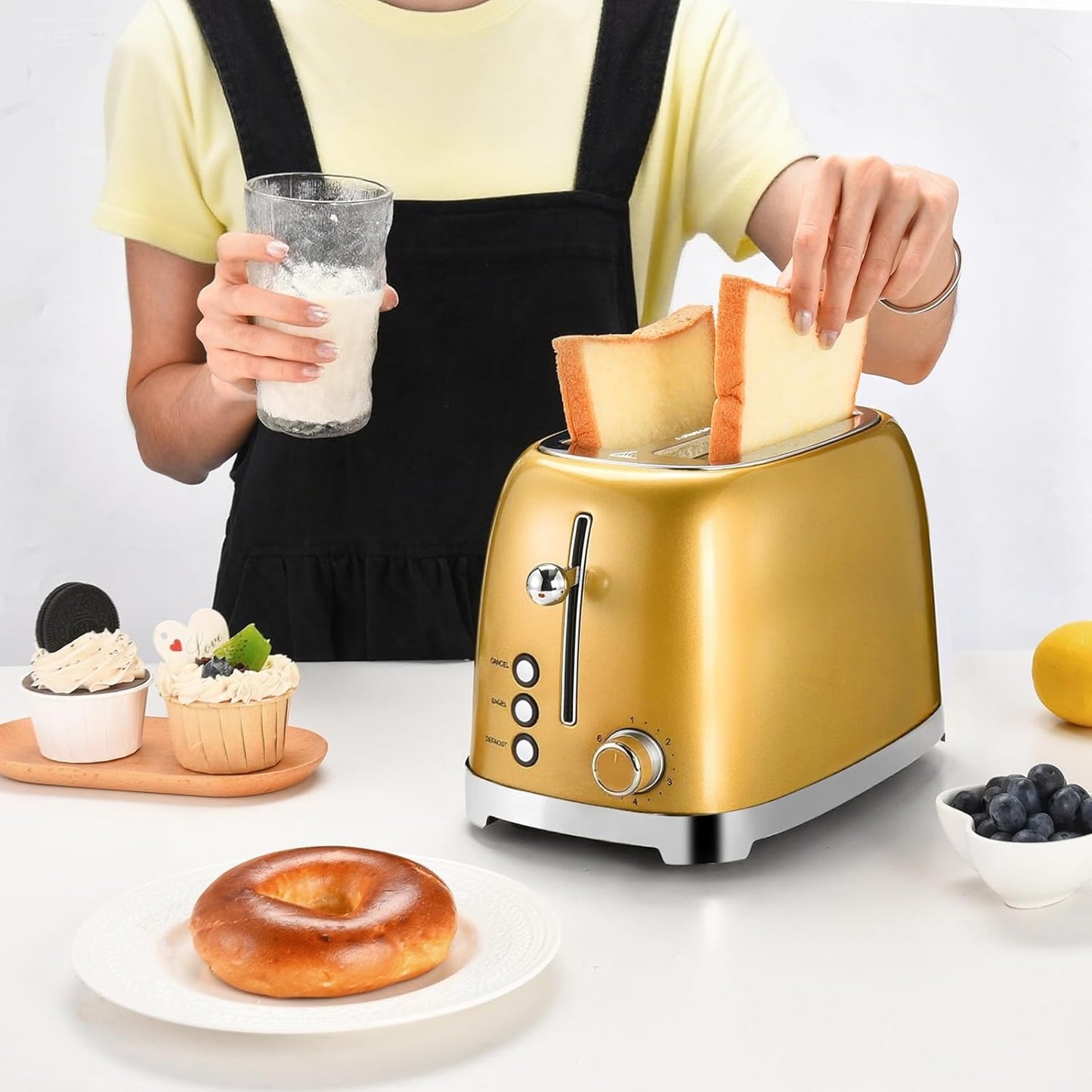 Skiennix Gold 2-Slice Toaster - Wide Slot Stainless Steel with 6 Shade Settings & Removable Crumb Tray