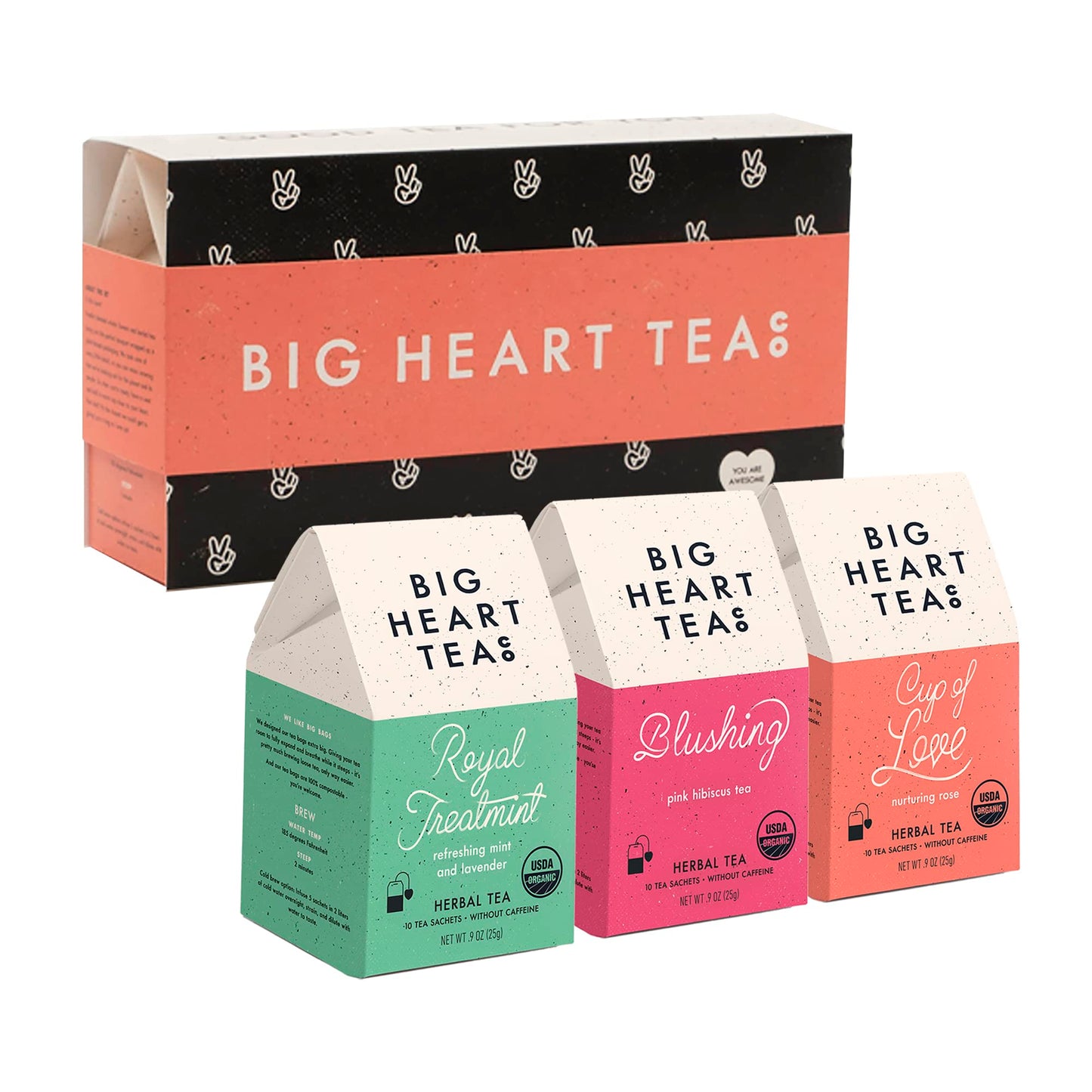 Big Heart Tea Co. Floral Tea Bags Gift Set - Certified Organic, Ayurvedic Herbal Tea - Small Batch Ground Herbs, Flowers in Zero Plastic Sachets - Healthy Tea Variety Box - 3 Flavors, 30 Pack