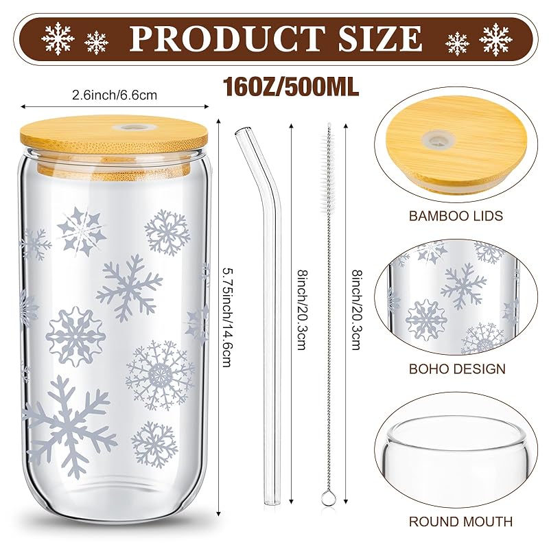 Umigy 8 Pack 16 oz Glass Cups with Lids & Straws - Christmas Themed Tumbler Set
