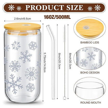 Umigy 8 Pack 16 oz Glass Cups with Lids & Straws - Christmas Themed Tumbler Set