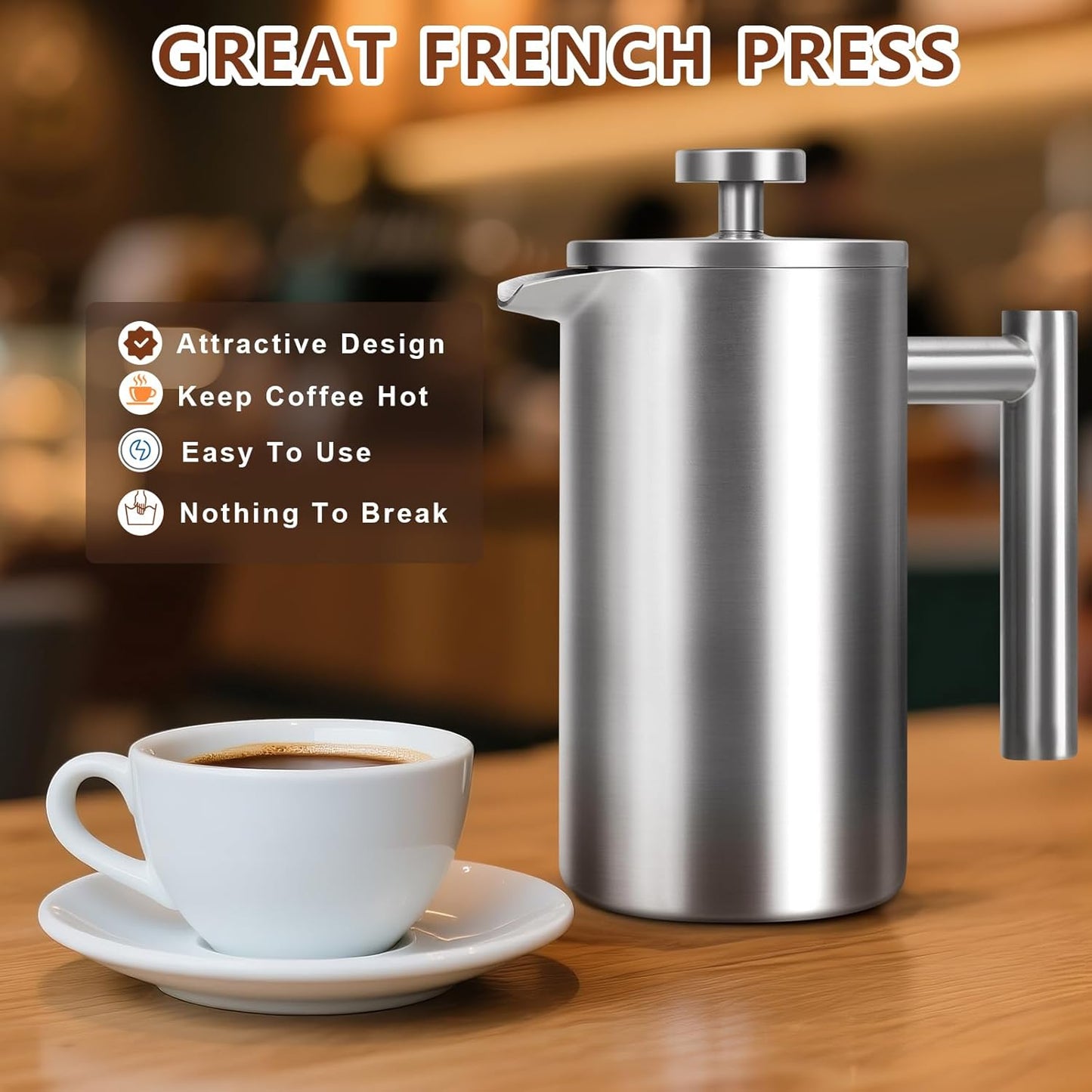 Skiennix French Press Coffee Maker - 34 Oz Double-Walled Insulated Design | 4 Cups, Dishwasher Safe