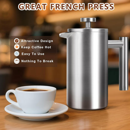 Skiennix French Press Coffee Maker - 34 Oz Double-Walled Insulated Design | 4 Cups, Dishwasher Safe