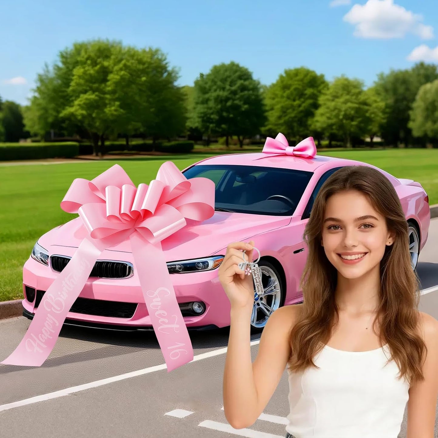 Skiennix 30 Inch Giant Car Bow - Big Pink Bow for Sweet 16 Birthday Surprise | Easy Pull Ribbon Decoration