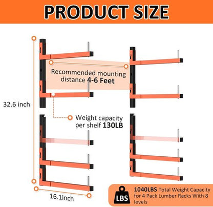 4 Pack Lumber Storage Rack - Heavy Duty Wall Mount Adjustable Rack Holds Up to 1040 Lbs | Ideal for Garage, Workshop, Basement