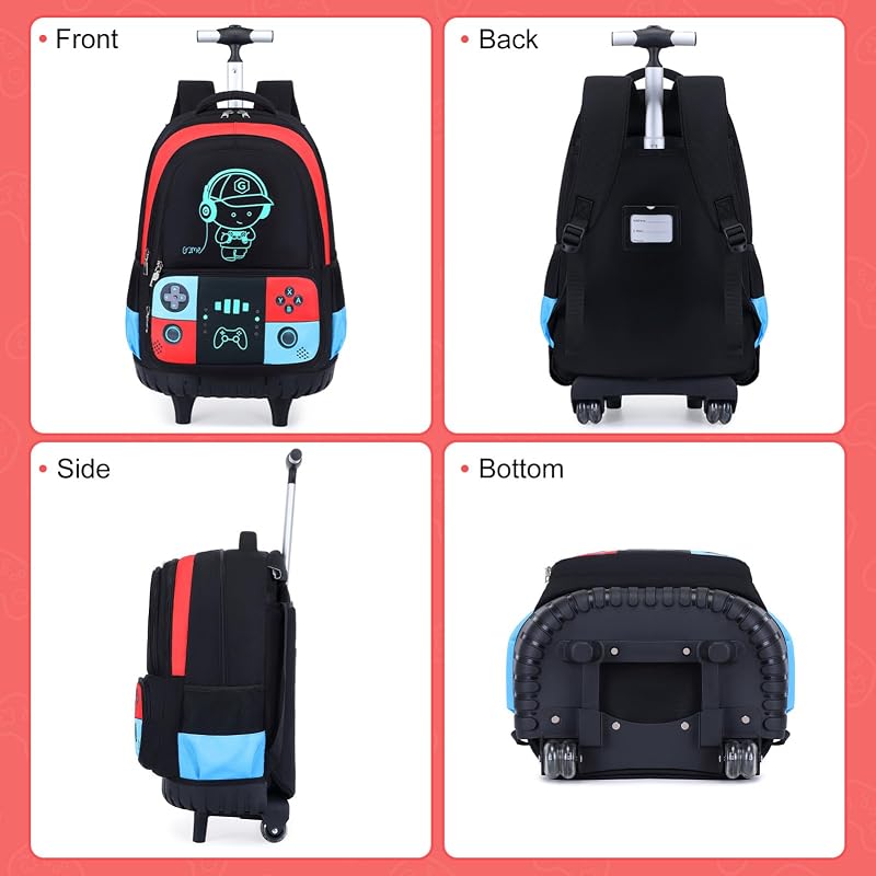 Rolling Backpack for Boys - 3-in-1 Kids Rolling Backpack with Wheels, Red/Blue