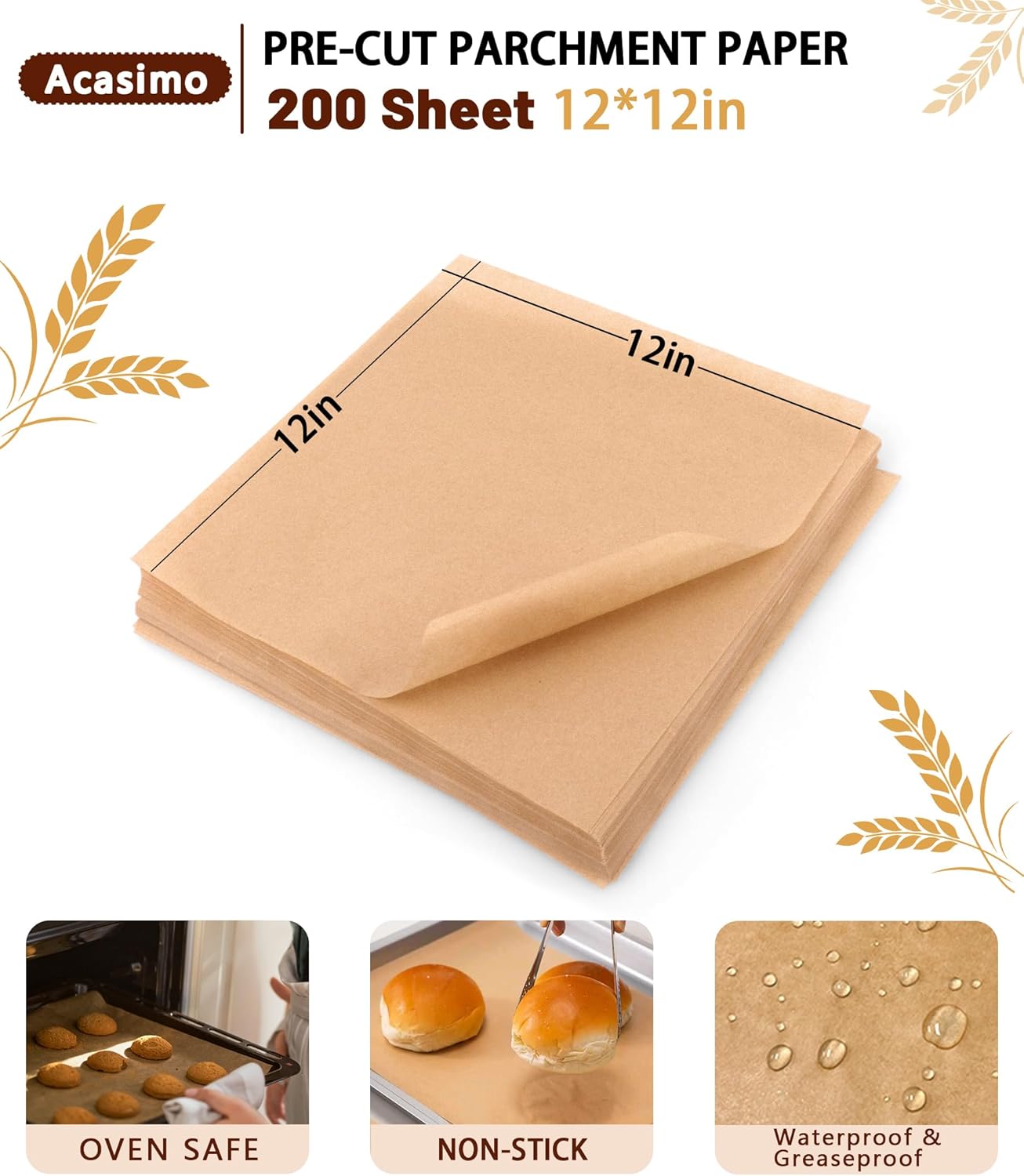 Parchment Paper Sheets - 200 Precut 12x12 Inch Non-Stick Baking Squares | Ideal for Grilling, Air Frying, and Roasting
