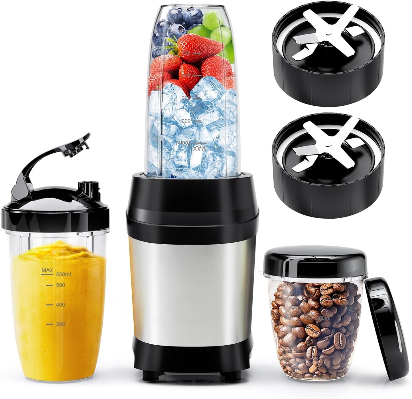 Nahida Blender - 1200W Smoothie Blender for Ice Crushing | Includes 23oz, 32oz, 37oz Easy Go Cups - Silver