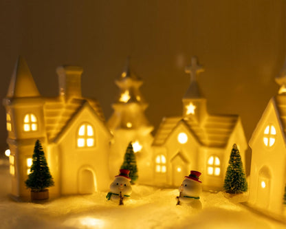Skiennix Christmas Village Set - 11 Pcs Ceramic Decoration with 3 Lighted Houses & 2 Trees | Festive Tabletop Decor