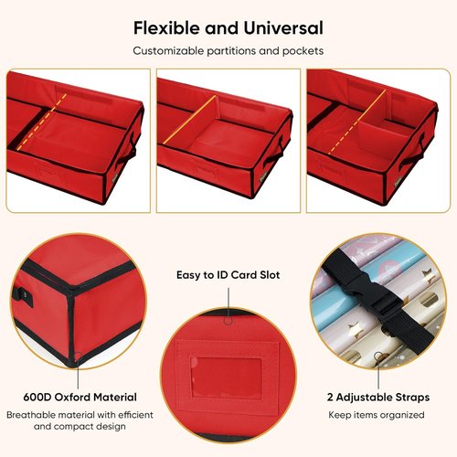 BALEINE Gift Wrap Storage Bag - 40" Durable 600D Oxford Fabric Organizer with Flexible Partitions | Red