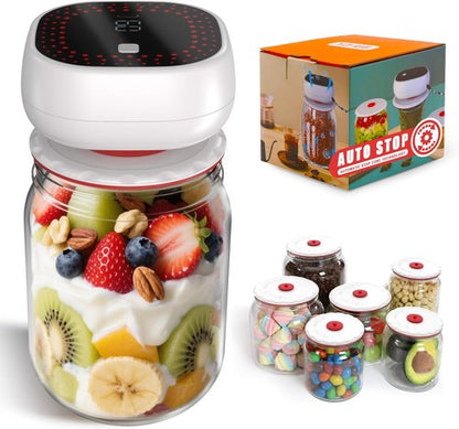 Electric Mason Jar Vacuum Sealer Kit - Auto-Stop Digital Display & 60kPa Suction | Preserves Freshness 12X Longer, Includes 6 Lids & Bag Adapters