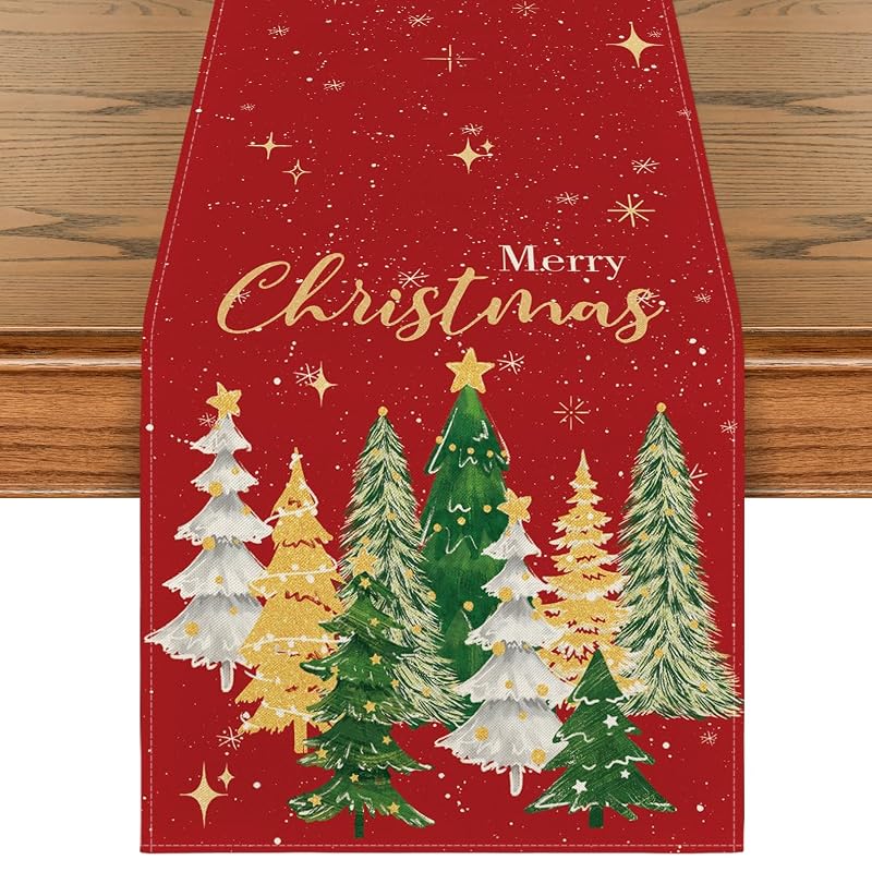 Merry Xmas Trees Table Runner 13x72 inch, Red - Artoid Mode