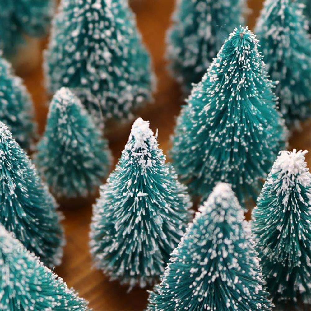 Skiennix Mini Bottle Brush Christmas Trees - 24 Pack with Wood Base | Blue-Green Winter Ornaments for Crafts