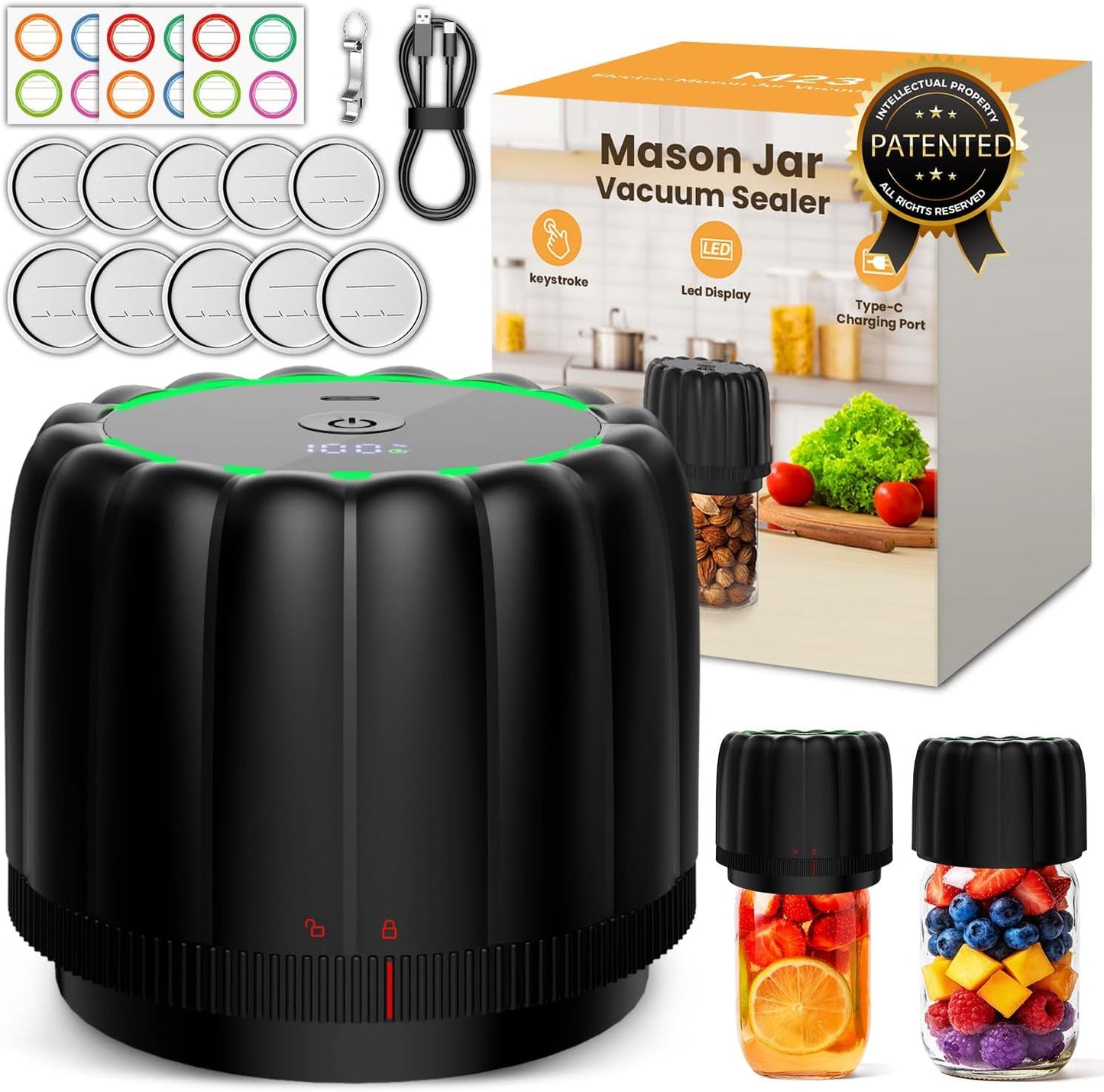Upgraded Electric Mason Jar Vacuum Sealer Kit by [Brand Name] - Automatic One-Touch Food Storage with 2500mAh Battery & Wide/Regular Lids