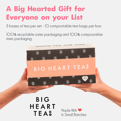 Big Heart Tea Co. Floral Tea Bags Gift Set - Certified Organic, Ayurvedic Herbal Tea - Small Batch Ground Herbs, Flowers in Zero Plastic Sachets - Healthy Tea Variety Box - 3 Flavors, 30 Pack