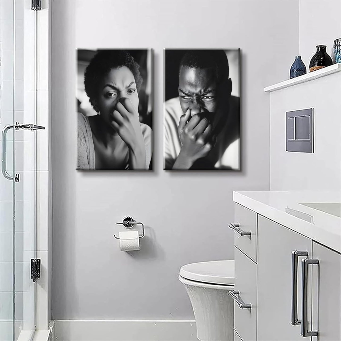 Skiennix Funny Bathroom Canvas Wall Art - Black & White Comedy Movie Posters | Ready to Hang (8x10in)