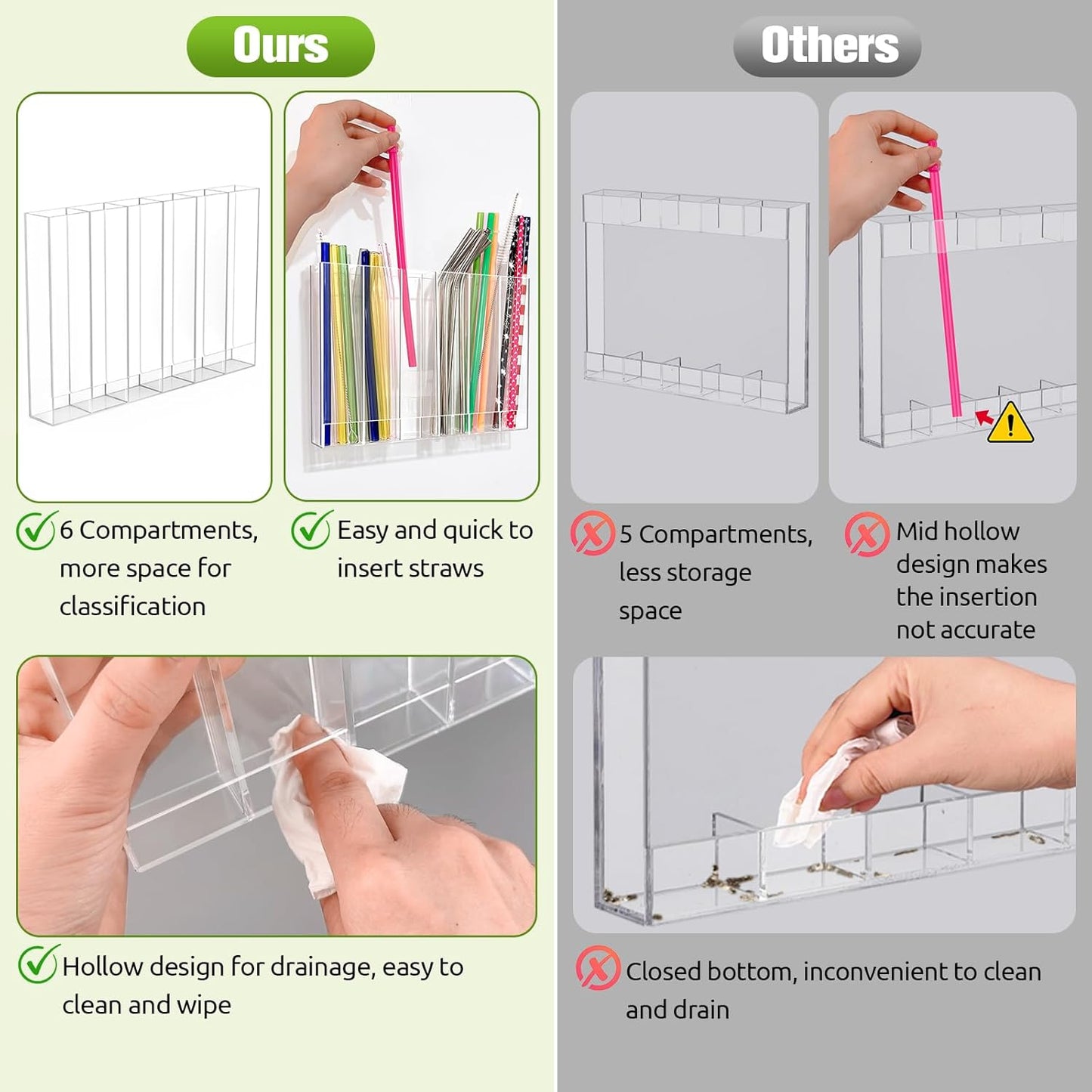 Skiennix 9.6” Large Acrylic Straw Holder - 6 Compartment Tumbler Organizer | Easy to Clean & Mount