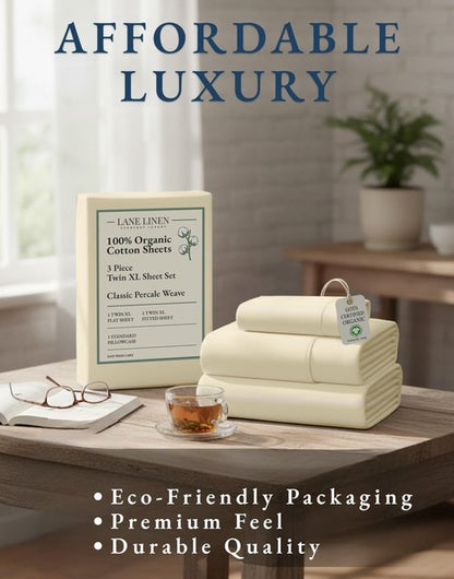 LANE LINEN 100% Organic Cotton Twin XL Sheets Set, 3-Piece Pure Organic Cotton Percale Sheets, Cotton Bedsheets, Ultra Soft Bedding Sheets, Breathable, Fits Mattress Upto 15" Deep - Natural