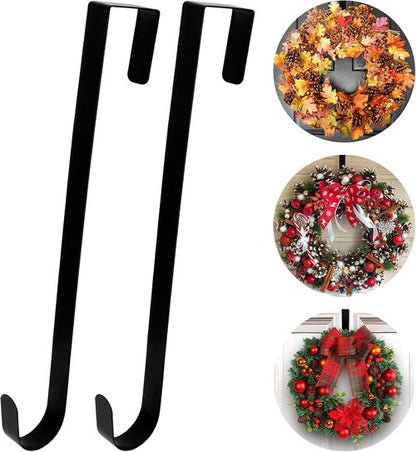 Btmooz Wreath Hangers - 2 Pack Metal Over The Door Hooks for Halloween & Christmas | 12" Black Design