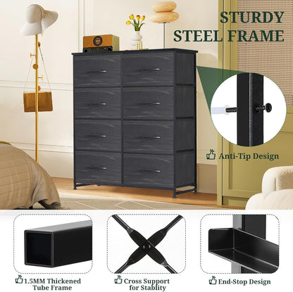 Regine Switzerland 8-Drawer Dresser - Anti-Tip Tall Storage Organizer with Wooden Top & Metal Frame | Charcoal Black