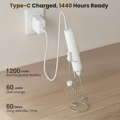 Skiennix Milk Frother - Rechargeable Electric Drink Mixer with 3 Whisks & Travel Case - White