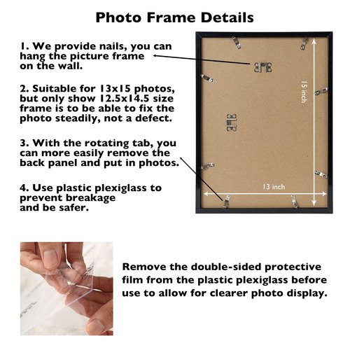 JCJMY 13x15 Picture Frame Black for Wall Hanging, Wall Mounting Horizontally or Vertically, 13 x 15 Wall Gallery Poster Photo Frame with Shatter Resistant Plexiglass, Black