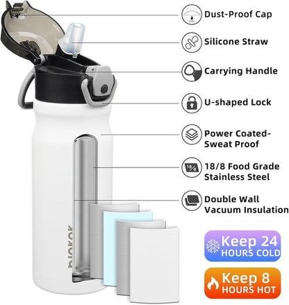 BJPKPK Insulated Water Bottle - 18oz Stainless Steel Flask with Straw & Leak-Proof Lid | White