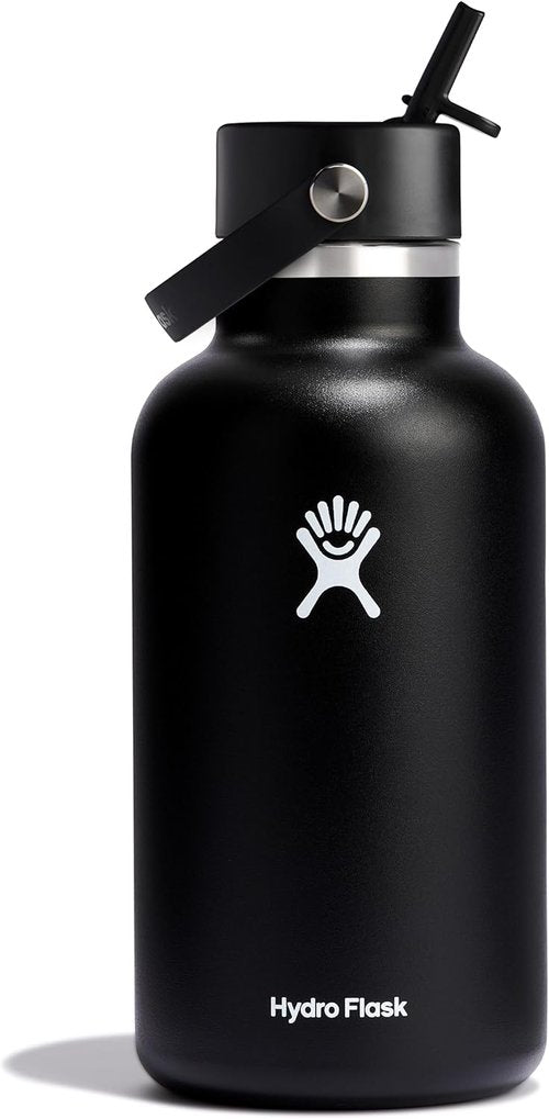 Hydro Flask Water Bottle - Insulated Stainless Steel with Wide Mouth Flex Straw Lid - 64 Oz Black