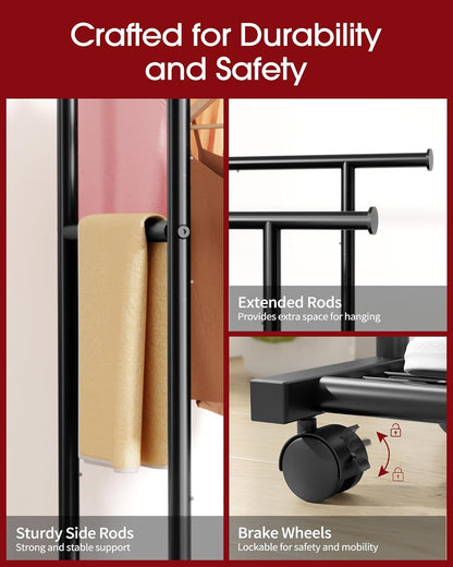 Sakugi Metal Clothes Rack - Double Rod Design with Rolling Wheels & Built-In Shelf | 38.5" x 16.9" x 59", Black