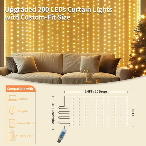 Fairy Curtain Lights - 200 LED Tangle-Free String Lights with Remote | USB Plug for Bedroom, Wedding & Home Décor - 6.6 x 6.6 Ft, Warm White