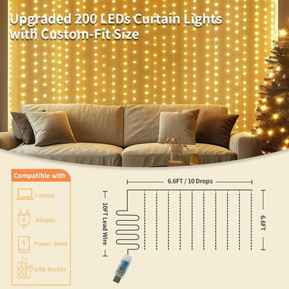Fairy Curtain Lights - 200 LED Tangle-Free String Lights with Remote | USB Plug for Bedroom, Wedding & Home Décor - 6.6 x 6.6 Ft, Warm White