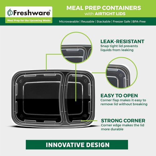 Freshware Meal Prep Containers - 15 Pack 2-Compartment Food Storage Bento Boxes | BPA-Free, Stackable, 28 oz, Black