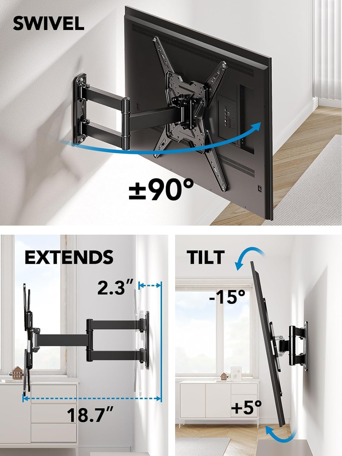 Pipishell Full Motion TV Wall Mount - Swivel, Tilt & Extension for 26-60 Inch TVs | Holds Up to 77 lbs