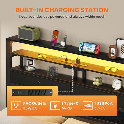 Queen Bed Frame with LED Lights, USB/AC/Type-C Charging Station, 3-Tier Headboard Storage & Under-Bed Drawers