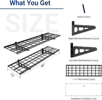 FLEXIMOUNTS Wall Shelf | 2-Pack 1x4ft Floating Garage Storage Rack - Black Classic Series